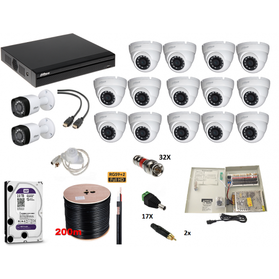 DAHUA Oλοκληρωμένο σύστημα CCTV 16 καμερών με μικρόφωνο 100μ έτοιμο προς εγκατάσταση κιτ 1628