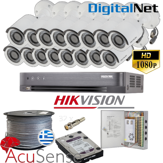 HIKVISION ids-7216HQHI- M1/S +16 CAM DS-2CE16D0T-IRF 2MP ,16 CH CCTV KIT1621 έτοιμο προς εγκατάσταση