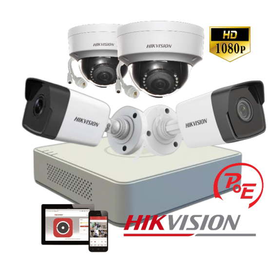 HIKVISION IP  POE KIT 2MP DS-7604NI-K1/4P + 2 IP CAMS DS-2CD1323G0-I + 2 IP CAMS DS-2CD1023G0-I  KIT IPC2401P